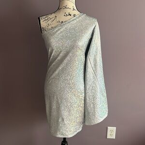 Silver off shoulder Mini Dress! size Large! Major stretch!